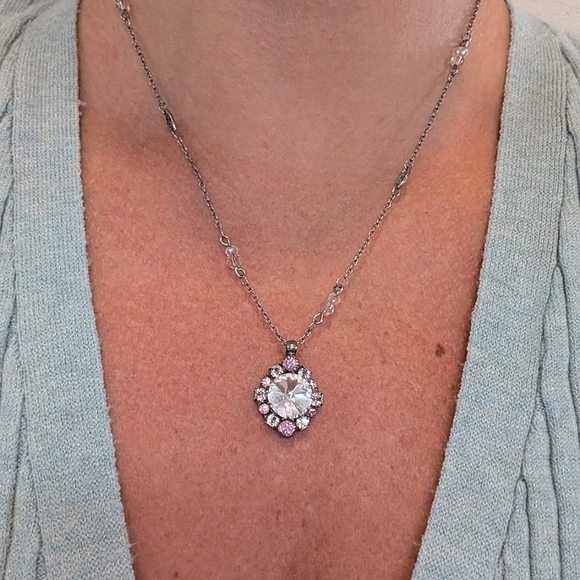 Sorrelli Vintage Brushed Antique Silver Pendant with Clear and Pink Crystals - Picture 2 of 8